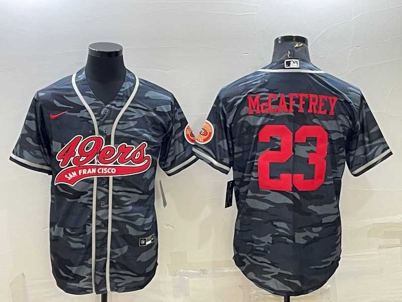 Men%27s San Francisco 49ers #23 Christian McCaffrey Grey Camo With Patch Cool Base Stitched Baseball Jersey